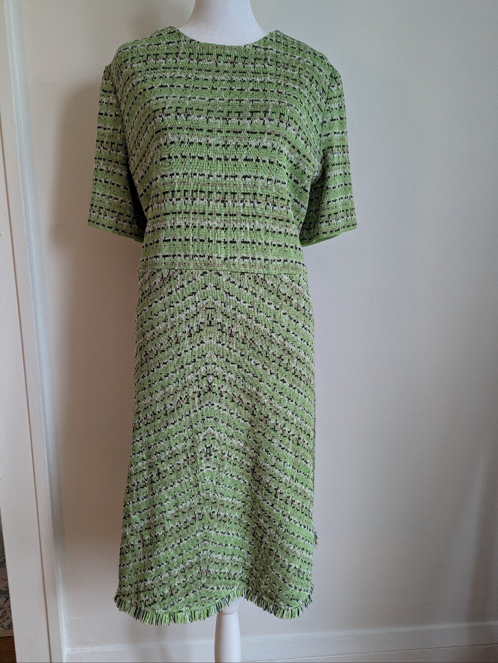 MISOOK Boucle Knit Retro Mod Short Sleeve Tweed Dress Green Multi Size L